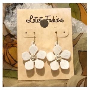 LATEST FASHIONS White Silver Floral Hook Earrings